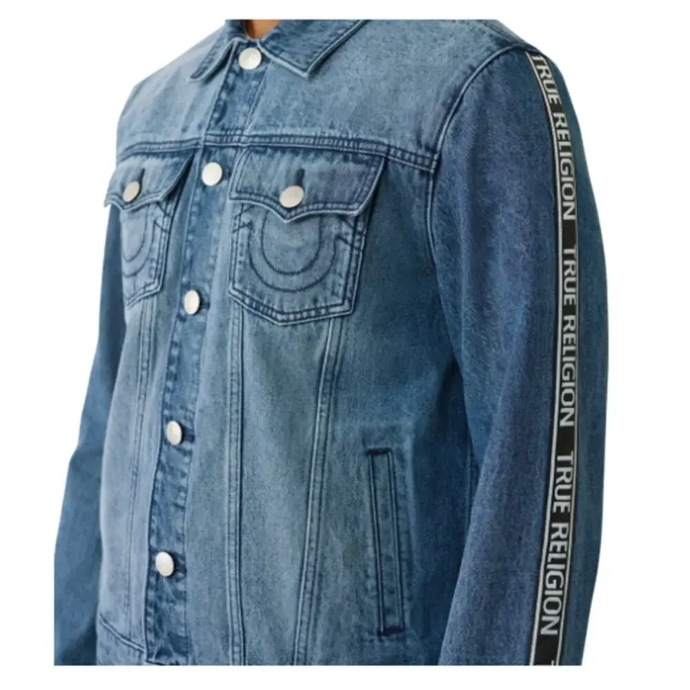 True Religion Men’s Denim Trucker Jacket Logo Taping Blue Jean Coat Large New
